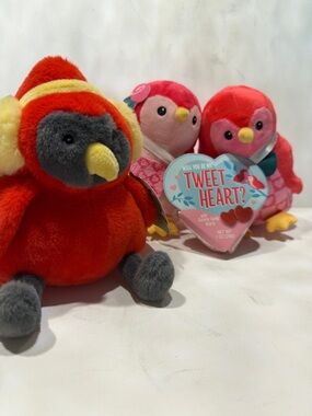 Plush Red and Pink Valentine Bird Toy Set for Small Pets
